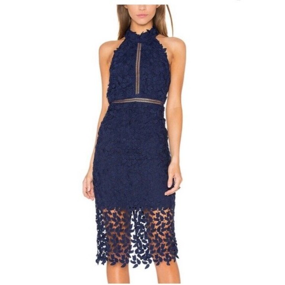Bardot Dresses & Skirts - Bardot Gemma Collar Lace Sleeveless Navy Blue Midi Dress 6